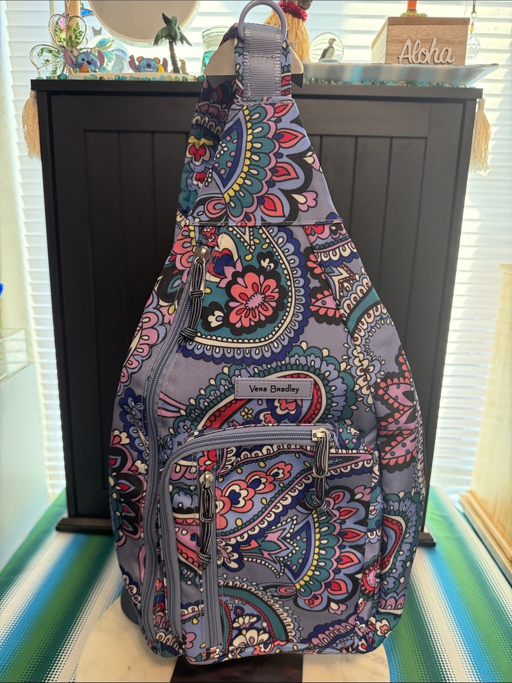 Vera Bradley Lavender Paisley Sling Backpack with Pink & Blue Accents